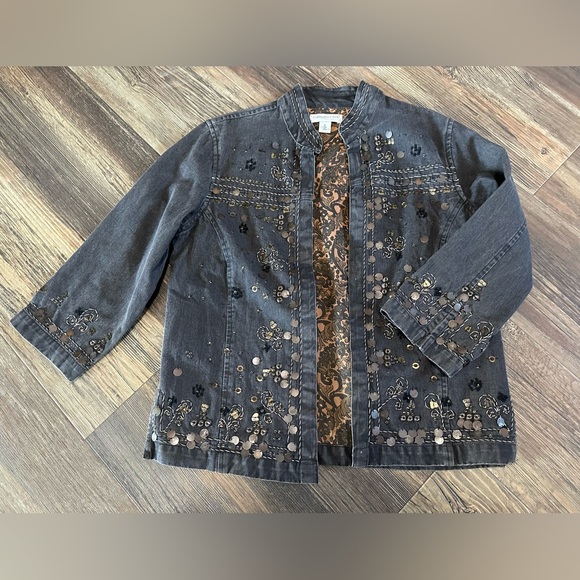 Coldwater Creek black denim jacket bronze embellishments women's small beads - Picture 1 of 6